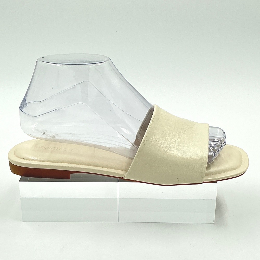Nordstrom Size 8 Cream Leather Square Toe Flat Slide Sandals Caryl